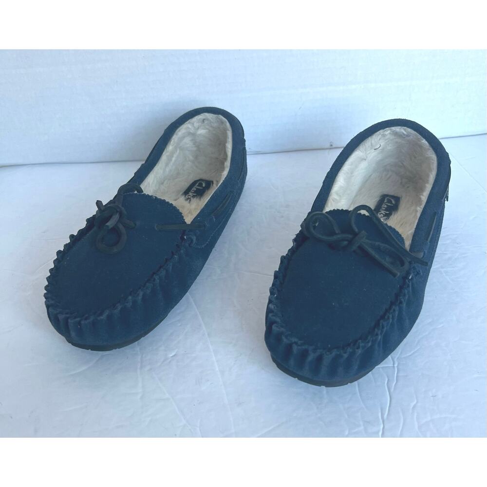 Clarks Women’s‎ Faux Fur Leather Blue Cream Indoor/Outdoor Moccasin Slippers 9W